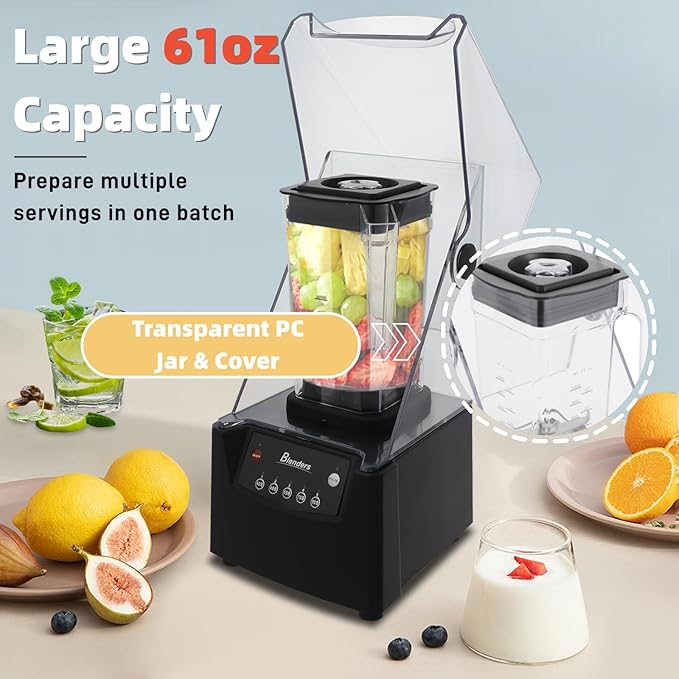 Commercial Smoothie Blender with Quiet Shield 61oz Quiet Blender for Smoothies 2600W High Powered Blenders Stainless Steel Milk Shake Machines for Smoothies Milkshakes and Sauces