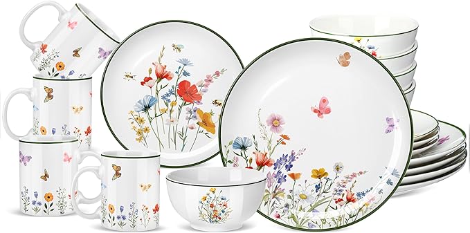 Pickmesh 16 Pcs Wildflower Ceramic Dinnerware Set for 4 Guest Floral Dish Set Spring Butterfly Dinner Plates Salad Plates Bowl Mug Kitchen Gift for Spring Kitchen Holiday Party Decoration