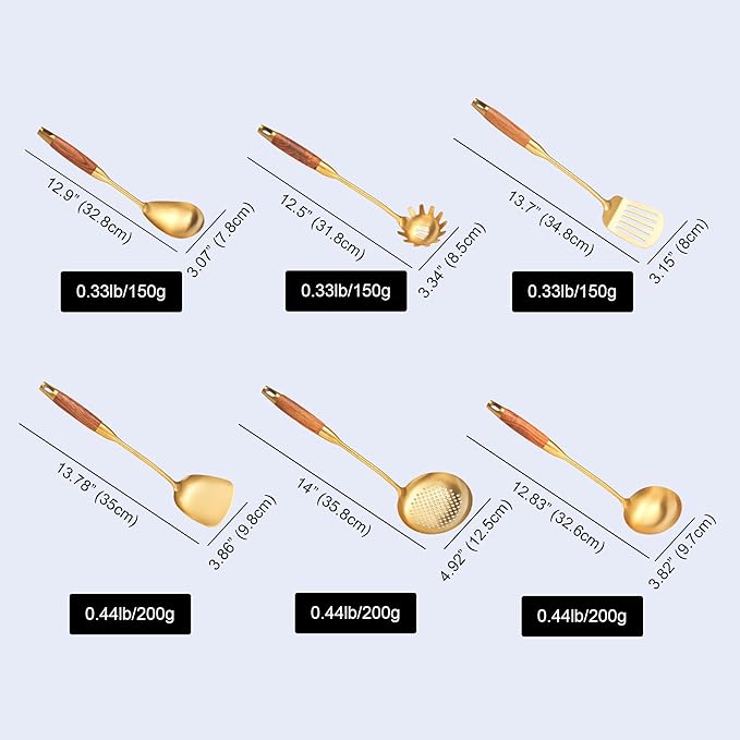 Gold Kitchen Utensils Set with Wooden Handle 6 PCS Professional Stainless Steel Cooking Utensils Set Wok Spatula Ladle Skimmer Slotted Spatula Turner Spaghetti Spoon Large Spoon