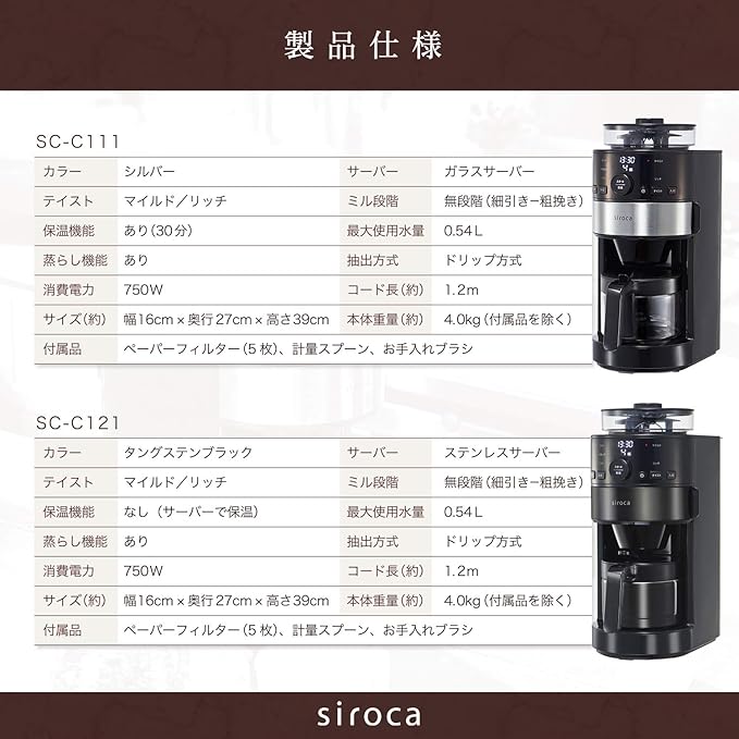 siroca Full Automatic Coffee Maker SC-C111-K-SS (Black &amp Stainless Steel Silver)【Japan Domestic genuine products】