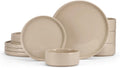 E-far Stoneware Dinnerware Sets 12-Piece Plates and Bowls Dish Set for 4 Kitchen Modern Dinning Ware Chip and Scratch Resistant Microwave &amp Dishwasher Safe Speckled Khaki