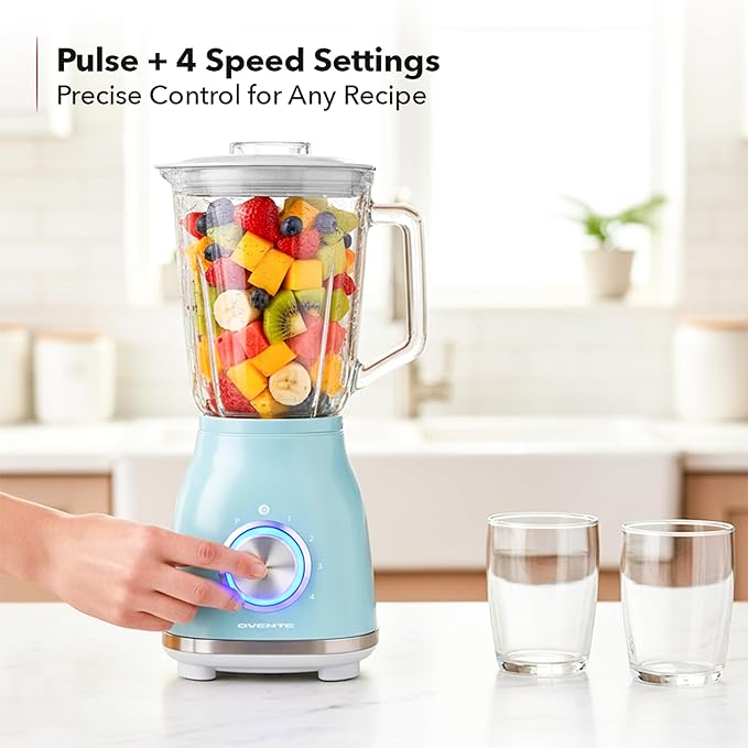 OVENTE Countertop Blender for Shakes and Smoothies with 550W Motor 50 Oz Glass Jar and Adjustable 4 Speed Settings Ideal for Frozen Fruit Drinks Puree Ice Crush Sauces and More Blue BLH2604LBL