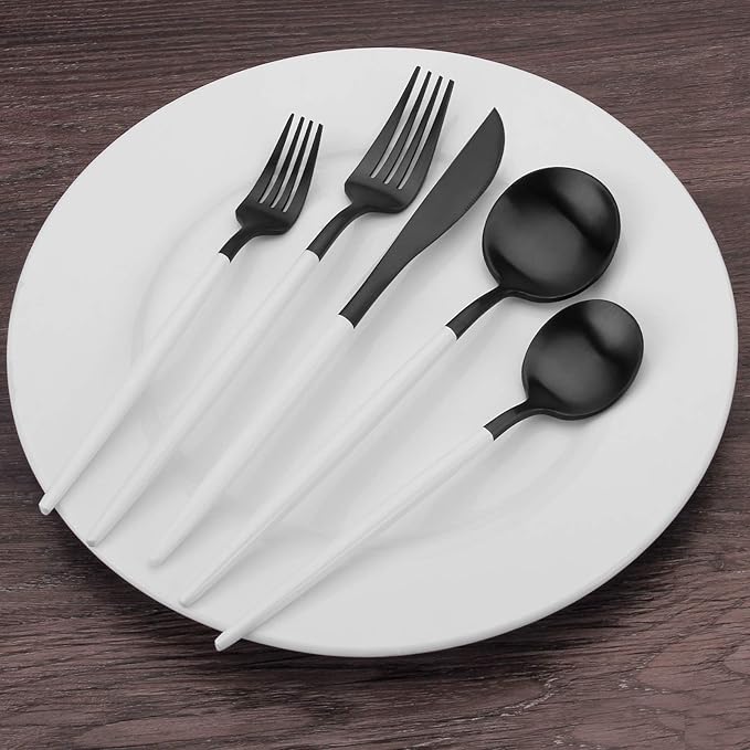 Matte Black Silverware Set with white handle Bysta 20-Piece Stainless Steel Flatware Set Kitchen Utensil Set Service for 4 Tableware Cutlery Set for Home and Restaurant Dishwasher Safe