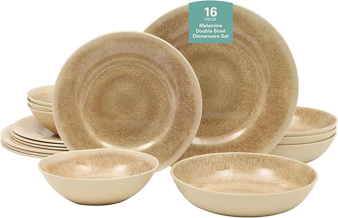 Gibson Home Casper Court 16-Piece Melamine Dinnerware Set – Beige Reactive Glaze Look Plates and Bowls Service for 4 – Top Rack Dishwasher Safe Everyday Dining Set