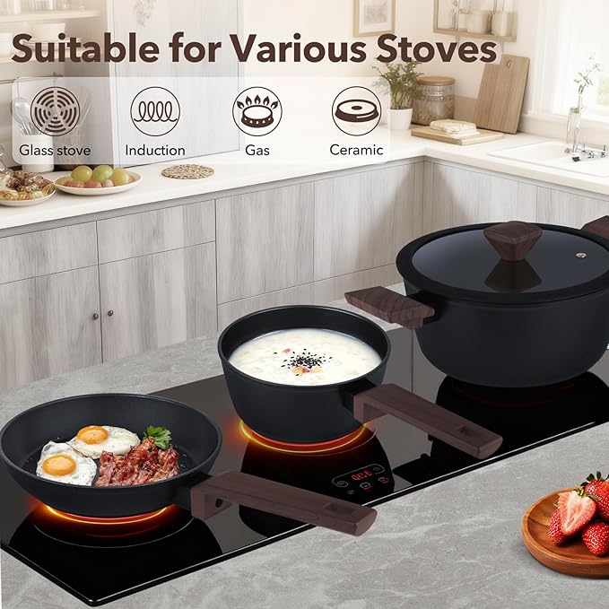 9Pcs Pots and Pans Set NonstickInduction Cookware Set Kitchen Cooking SetsHealthy Non-Toxic Pots and Pan setNon Stick with Grill Pan&amp Stay-Cool Handles (PFOS PFOA Free)Black