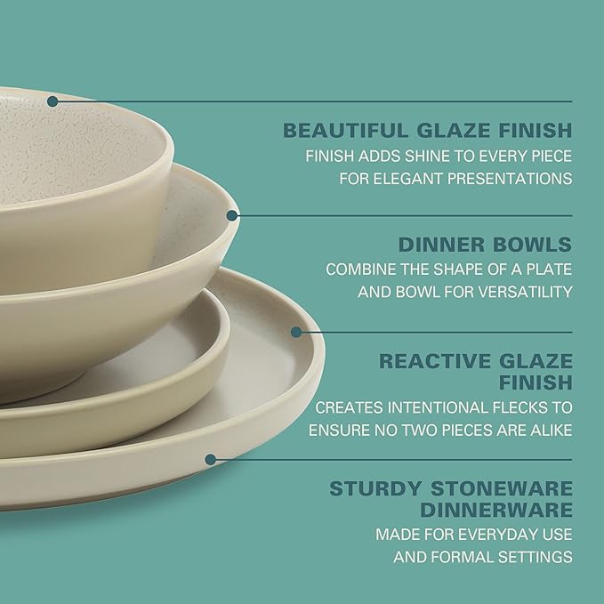 Gibson Elite Tribeca Loft 16-Piece Dinnerware Set – Matte Cream and White Reactive Glaze Stoneware Double Bowl Round Plates and Bowls – Modern Neutral Tableware for 4 Dishwasher &amp Microwave Safe