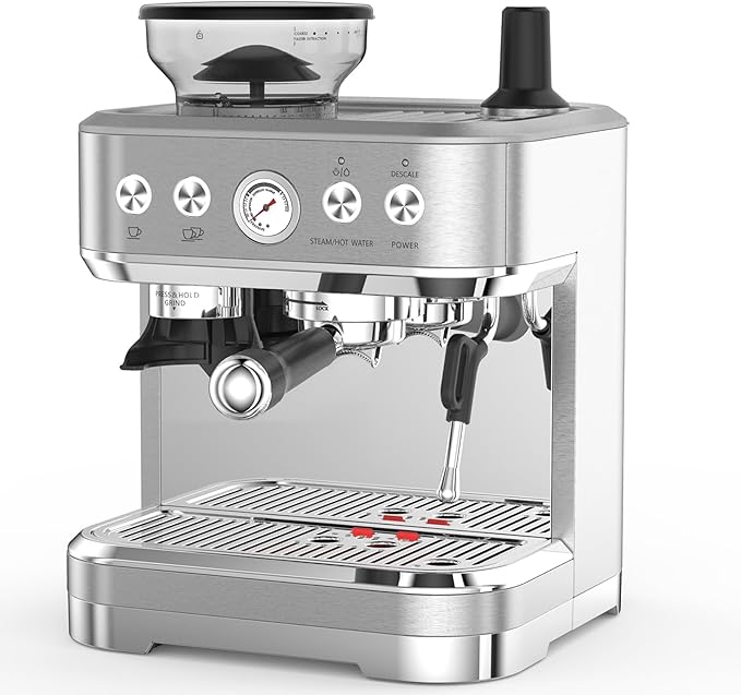 Coffee Maker with Bean Grinder Stainless Steel Body &amp Silver-Plated Basket Drip Coffee Machine for Home &amp Office US Standard
