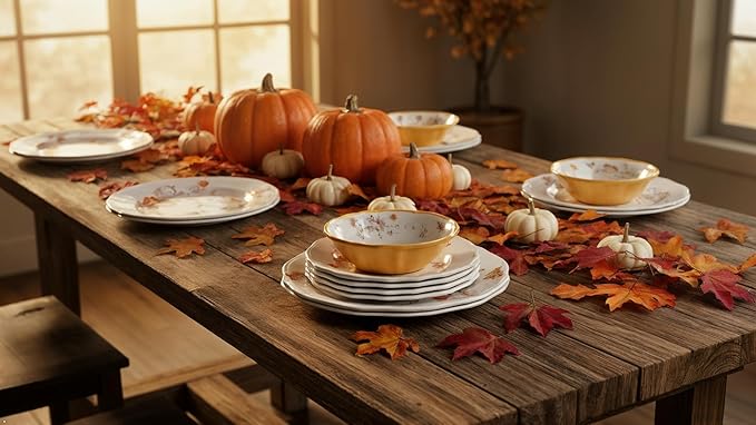 UPware 12 Piece Pumpkin Season Melamine Dinnerware Sets Outdoor Dishes Set Plates and Bowls Sets Autumn Thanksgiving Decorations Service for 4 Orange