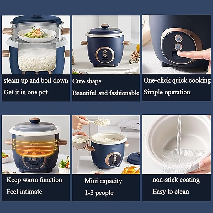 Portable rice cookerMini Rice Cooker with Steamer Stainless Steel Rice Cooker Non-Stick Linerfor Family Dormitory for 1-3 People