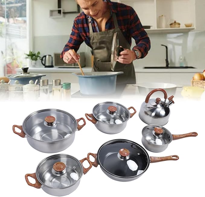 SIXRUN Stainless Steel Cookware Set 12 Piece Kitchen Pots and Pans with Wood Grain Design Includes Frying Pan Soup Pot Kettle Glass Lids for Induction Gas Electric Stovetops