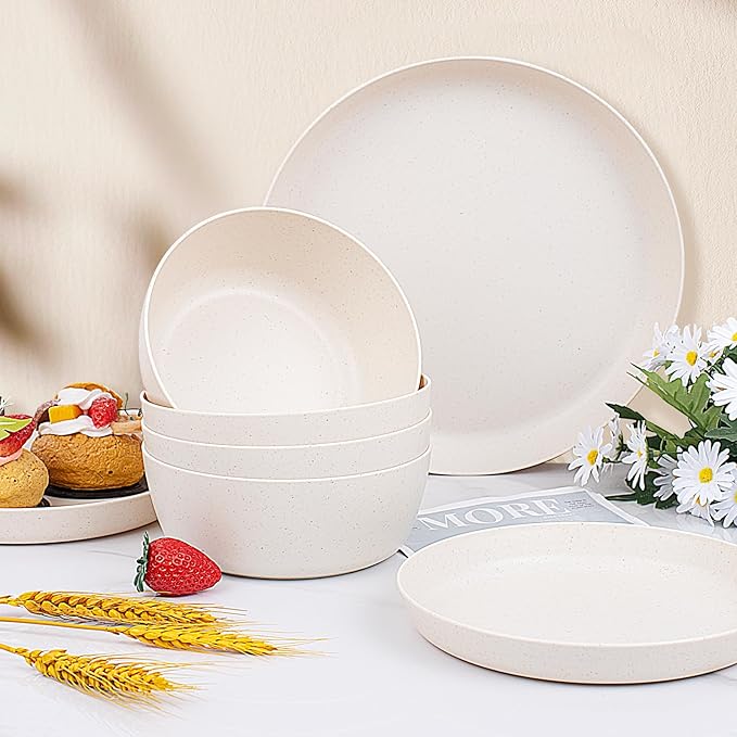 EI 12pcs Wheat Straw Dinnerware Set of 4Reusable Plastic PlatesUnbreakable Dinner PlatesDeep Dinner Hard Premium Plastic PlateMicrowave Dishwasher Safe for CampingPicnincFamily Dinner