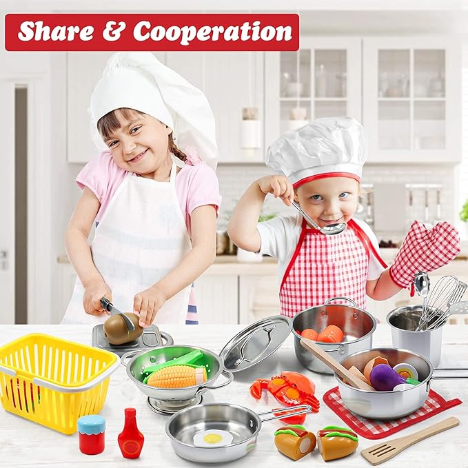 Kids Pretend Play Kitchen Toys Accessories Set 32 Items Stainless Steel Toy Pots and Pans Sets w/ Rack Organizer Metal Cooking Utensils &amp Apron Play Food w/ Basket for Kids Girls Boys Toddlers
