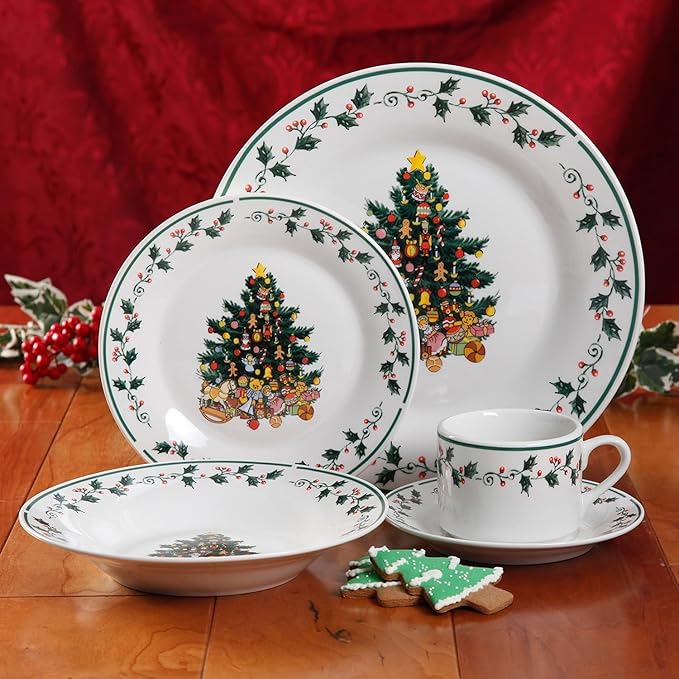 20-Piece Christmas Dinnerware Set – Festive Holiday Tree Trimming Design Ceramic Service for 4