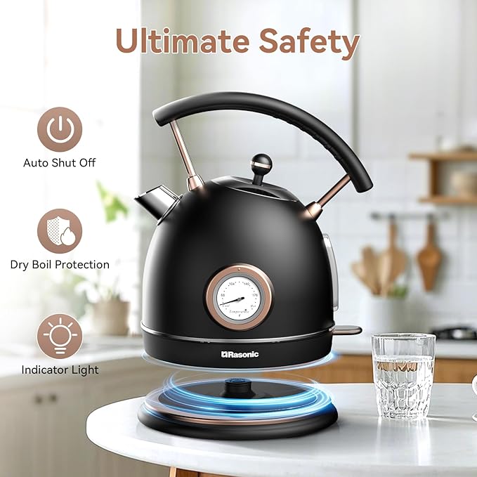 Rasonic Retro Electric Kettle Stainless Steel 1.8L Tea Water Boiler 1500W Fast Quiet Boil Temperature Gauge Auto Shut-Off Boil-Dry Protection Matt Black and Rose Gold