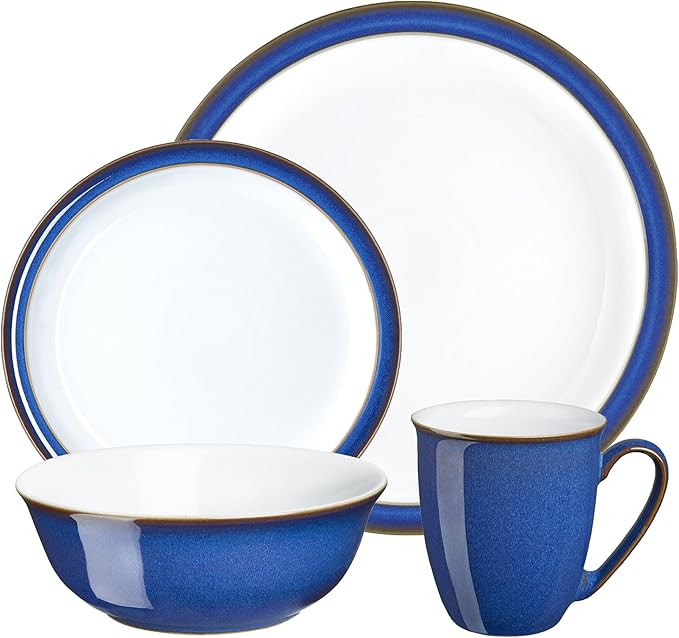 Denby Imperial Blue Dinner Set For 4 - 16 Piece Ceramic Tableware Set - Blue White - Dishwasher Microwave Safe Crockery Set - 4 Dinner Plates 4 Small Plates 4 Cereal Bowls 4 Coffee Mugs