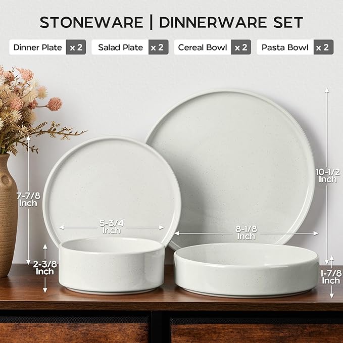 Stoneware Dinnerware Sets for 2 Onader Speckled Plates and Bowls 8 Pieces Ceramic Dish Dinner Set with Pasta Bowl Microwave &amp Dishwasher Safe - Cloud White
