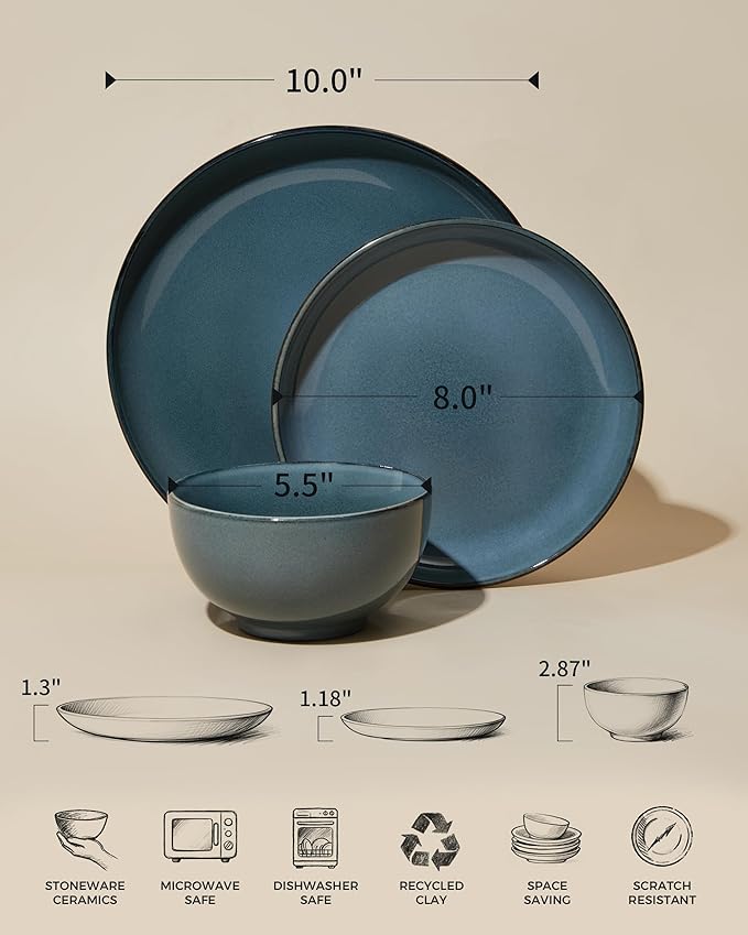 24 Piece Dinnerware Set for 8 Santorini Mist Terracotta Plates and Bowls Sets Complete Stoneware Dish Set for Large Families and Entertaining Microwave &amp Dishwasher Safe Jeans Blue