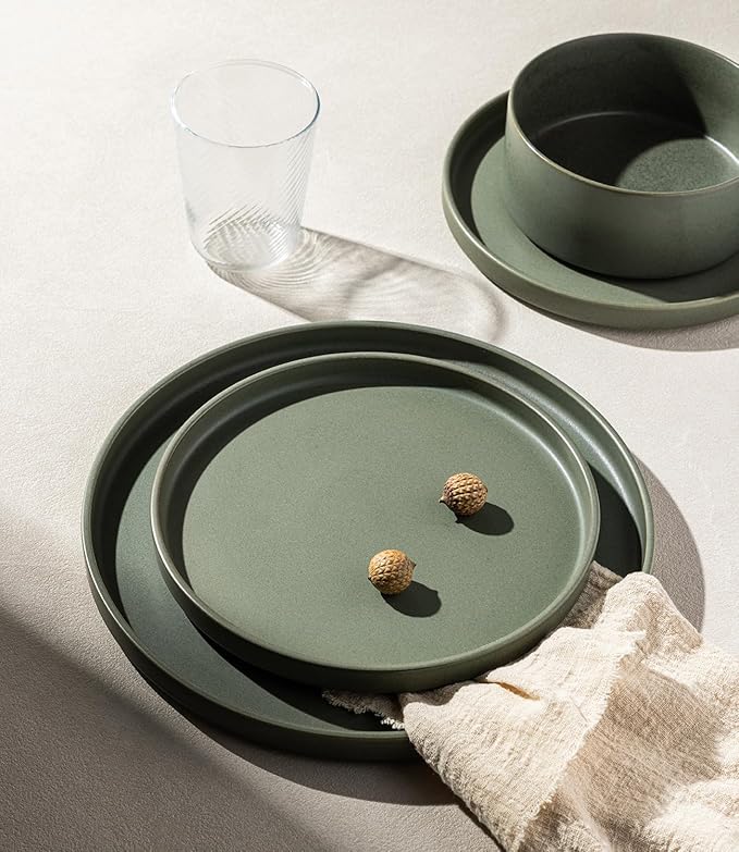 LERATIO Ceramic Dinnerware Sets for 4 High Edge Stoneware Plates and Bowls Set Chip and Crack Resistant | Oven &amp Dishwasher &amp Microwave Safe Dishes Set Service for 4 -Green
