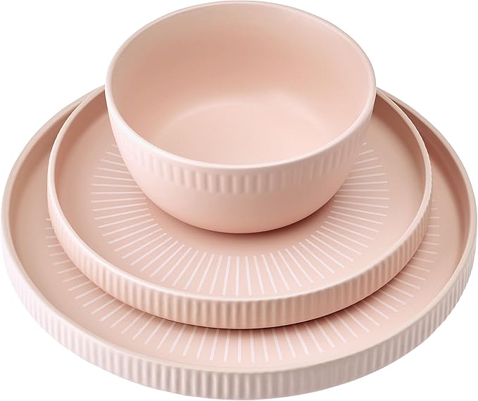 Darbie Angell Mod Blush 12 Piece Durable Stoneware Dinnerware Set Service for 4 Plate and Bowl Set with High Rims Modern Tableware Pink