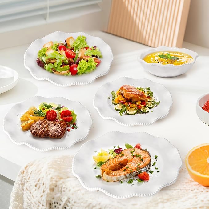 Melamine Dinnerware Sets Service for 4 Cream Plates and Bowls Set with Beaded Edge BPA Free Dishwasher Safe Heavy Duty Shatterproof Unbreakable Tableware for Wedding Party Camping Outdoor