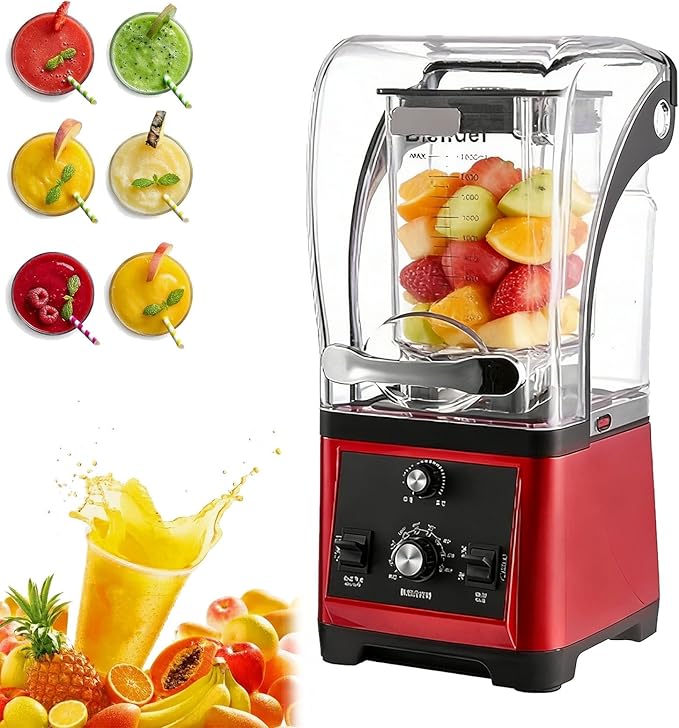 Professional Electric Blender Silent Smoothie Maker With Cover Countertop Professional Electric Food Machine Six-Bladed Stainless Steel Knife for Juices and Smoothies.(Red)