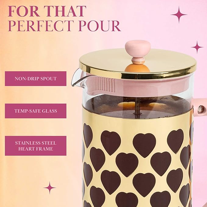 Paris Hilton French Press Coffee Maker With Heart Shaped Measuring Scoop 2-Piece Set 8-Cup or 34-Ounce Pink