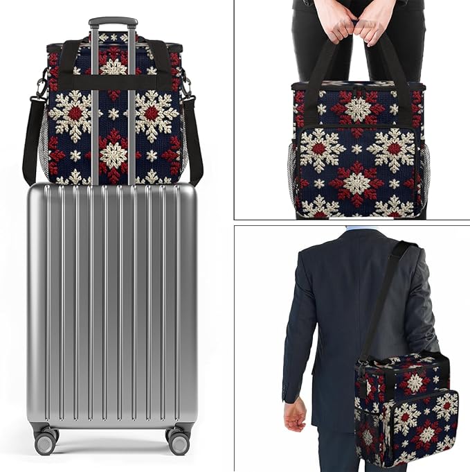 Retro Snowflakes Christmas Coffee Maker Carrying Bag Travel Storage Bag Compatible with K-Mini or K-Mini Plus Single Serve Coffee Brewer Carrying Case with Multiple Pockets &amp Shoulder Strap