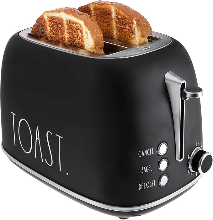 Rae Dunn Retro Rounded Bread Toaster 2 Slice Stainless Steel Toaster with Removable Crumb Tray Wide Slot with 6 Browning Levels Bagel Defrost and Cancel Options Black