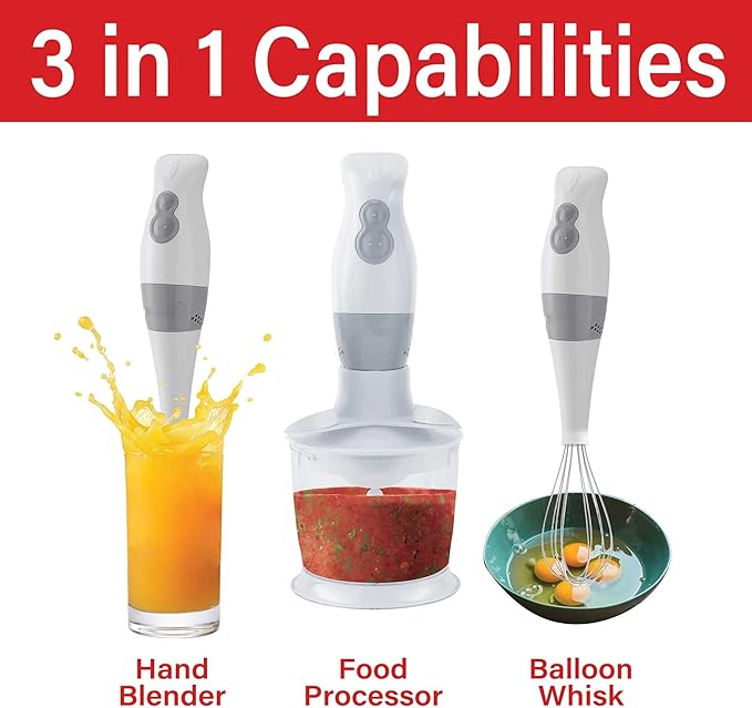 2-Speed Electric Hand Blender with Balloon Whisk – Ergonomic Immersion Blender for Mixing Chopping and Food Processing – Stainless Steel Blades 5ft Cord Dishwasher Safe (White)