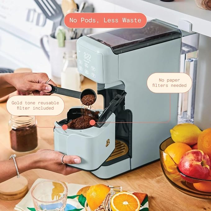 B - Perfect Grind Programmable Single-Serve Coffee Maker with Built-In Grinder Fresh Ground Brewing Touch Controls Reusable Filter Compact Countertop Design (Hydrangea)