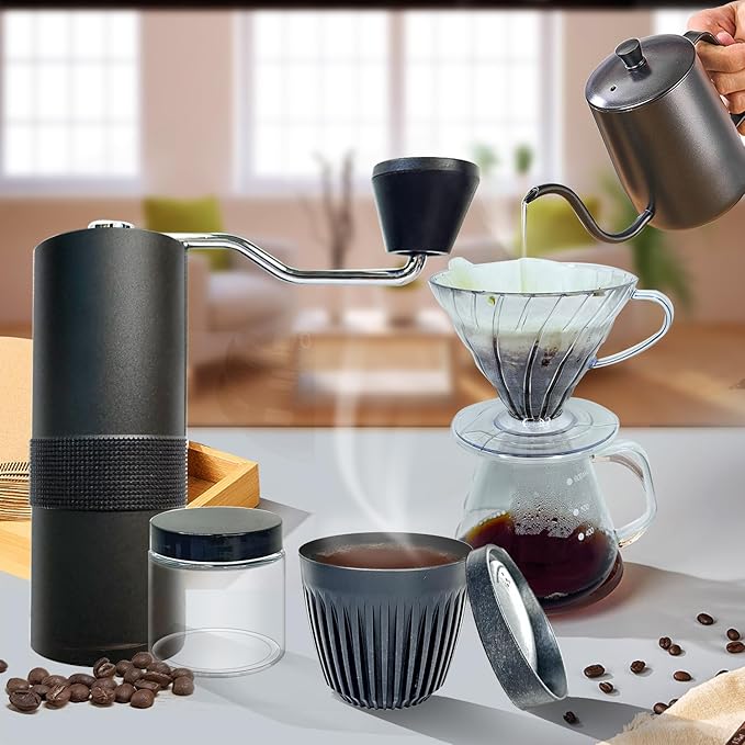 DS&ampDV Coffee Maker SetInclConical Filter Cup Server Pour Over Kettle Cup Manual GrinderHand Brewing for Camping and Traveling Personal Bar (6 in 1 Coffee Makers)
