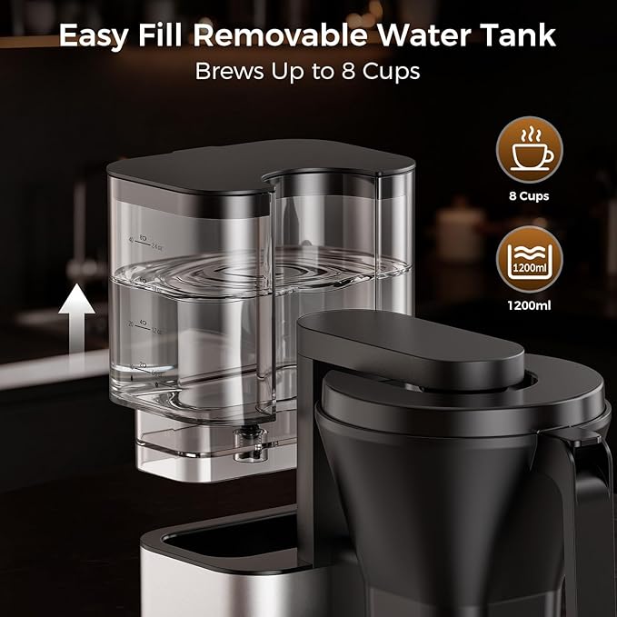 Kismile 8 Cup Drip Coffee Maker Machine Pour Over Coffee Brew with 3s Instant Heat 197-205℉ Removable Water Tank Adjustable Flow Control Deep Cold Brew &amp Keep Warm 40 Min Easy to Clean (silve