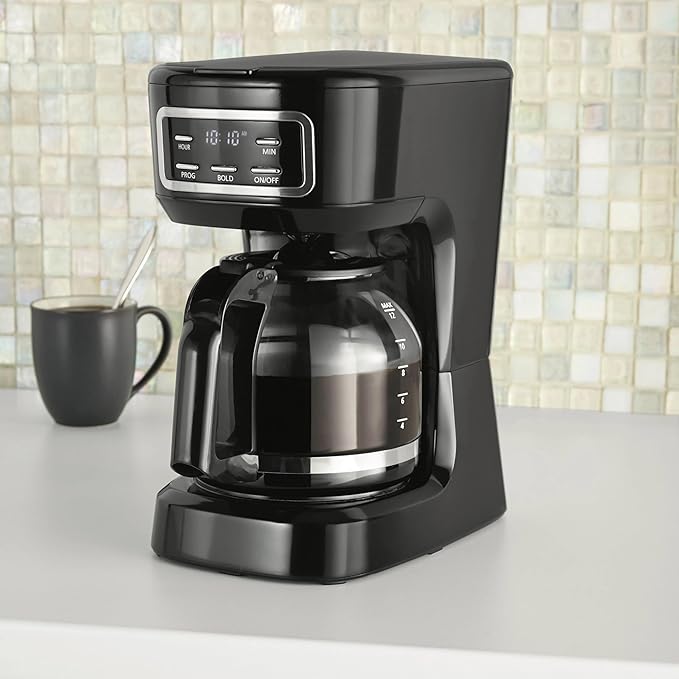 12-Cup Programmable Drip Coffee Maker 1.8L Capacity Black | Auto Brew Timer Bold Brew Option Glass Carafe Easy Clean Home &amp Office Use