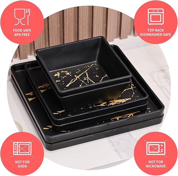 Melamine Dinnerware Sets - 12pcs Square Plates and Bowls Sets For 4 Indoor Outdoor Use Dishwasher Safe Black &amp Gold