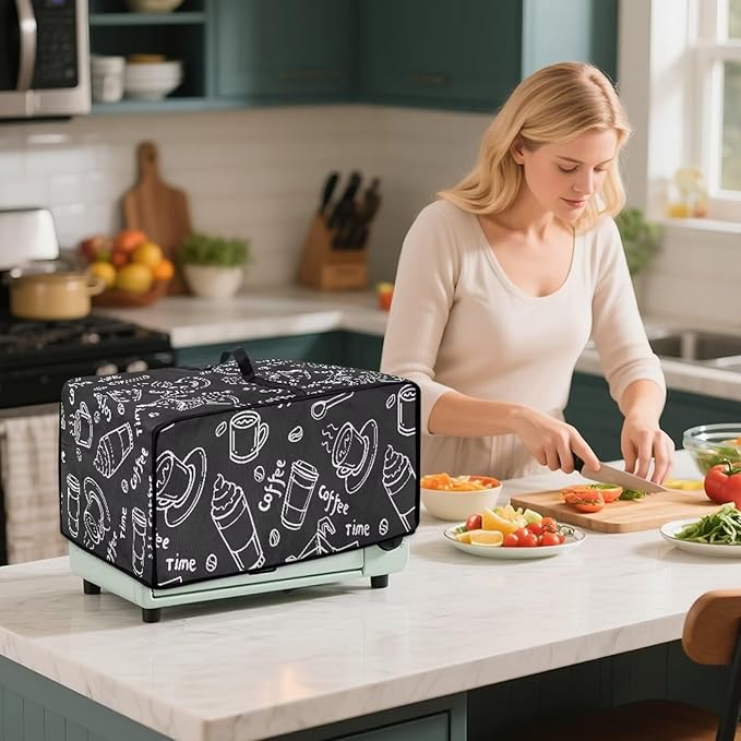 Coffee Graffiti Toaster Oven Cover Heavy Duty Heat-resistant Protective Case Faux Linen Polyester Protector with Handle &amp Pockets for Everyday Home Kitchens