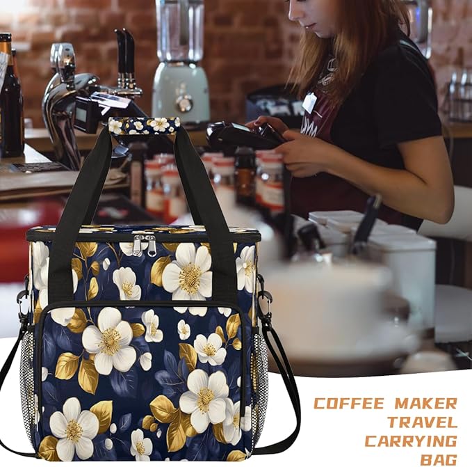 White Flowers Golden Leaves Coffee Maker Carring Bag Travel Carrying Storage Tote Bag Compatible with Keurig K-Mini or K-Mini Plus Portable Single Serve Coffee Brewer Case with Pockets for K-cup Pods