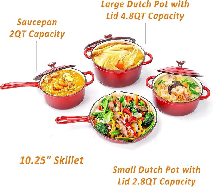 Hisencn Enameled Cast Iron Cookware Set - 7 Piece Dutch Ovens Set Sauce Pan Skillet 3 Lids Pots and Pans Set Ceramic Coated Cast Iron Heavy Duty Gas/Induction Compatible PFA Free Rouge Red