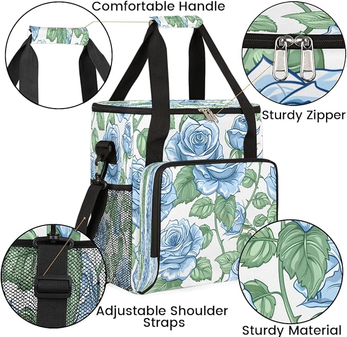Blue Rose Print Coffee Maker Carrying Bag Compatible with K-Mini or K-Mini Plus Portable Single Cup Coffee Maker Case with Pockets for K Cup Pods