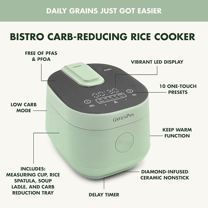 GreenPan Rice Cooker 8 Cups Cooked (4 Uncooked) Low-Carb &amp Soup Mode10 ONE-TOUCH Cooking Presets PFAS-Free Ceramic Steamer Basket Fuzzy Logic Auto Keep Warm Oats 24HR Delay Timer Mint Gre