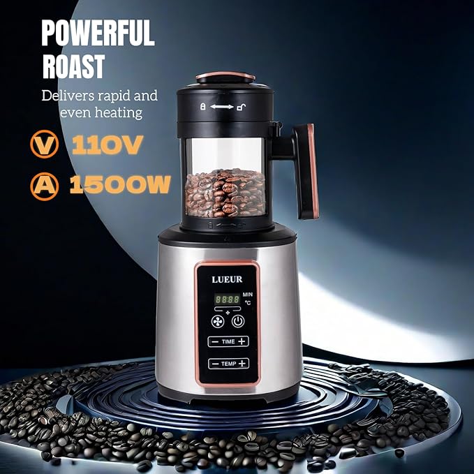LUEUR Electric Coffee Bean Roaster Machine for Home Use 1500W Hot Air Coffee Roaster with Adjustable Timer Variable Heat &amp Air Fan Settings Chaff Collection Basket 100g Capacity