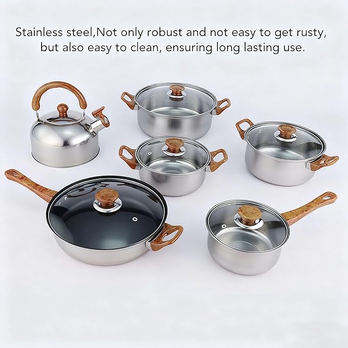 Yosoo 3 Stainless Steel Pots Set Imitation Wood Handles Cookware Kitchen Supplies for Induction Cooktops and Gas Stoves