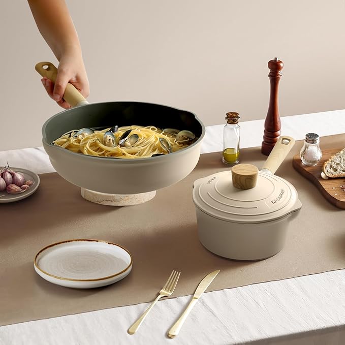 8Pcs Pots and Pans set Nonstick Cookware set Die-cast Aluminum cookware Kitchen Induction Pots and Pans cooking set Lid design PFOA-free Cream (ivory 8Pcs)