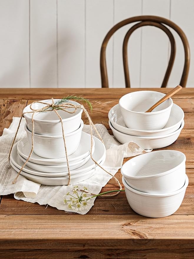 LE TAUCI Dishes Set with Pasta Bowls for 4 Stoneware Dinnerware Set 10 Dinner &amp 8 Salad Plates 6 Bowls 8.5 Pasta (30 oz) Stackable Microwave &amp Dishwasher Safe Ceramic 16-Piece Whit