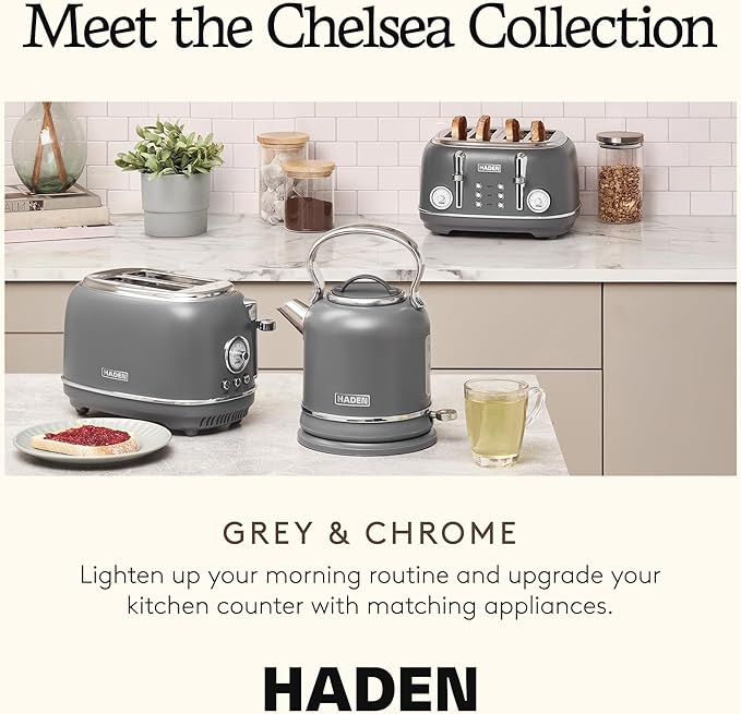 Haden Chelsea 4-Slice Wide Slot Stainless Steel Toaster with Adjustable Browning Control &amp Non-Slip Feet Grey &amp Chrome