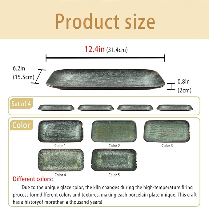 Ceramic Serving Dinner Plate Set 4-Piece for Main Meals Tacos Lunches Snack Platters - Microwave and Dishwasher Safe Scratch Resistant Kitchen Serving Dinnerware Black 12.4 Inch