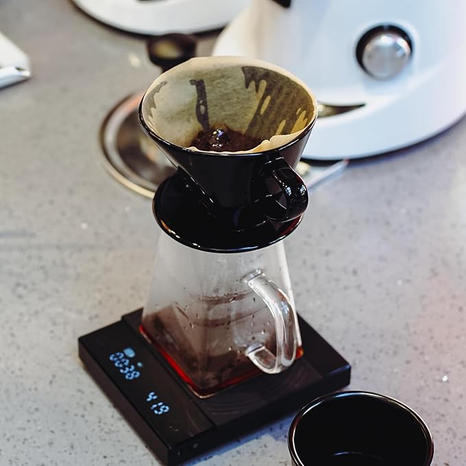 Pour Over Coffee Dripper Set by CrossCreek with Heat-resistance Black Cone Ceramic Dripper Glass Square Carafe 30PCS #2 Paper Filters 9917-C001-062