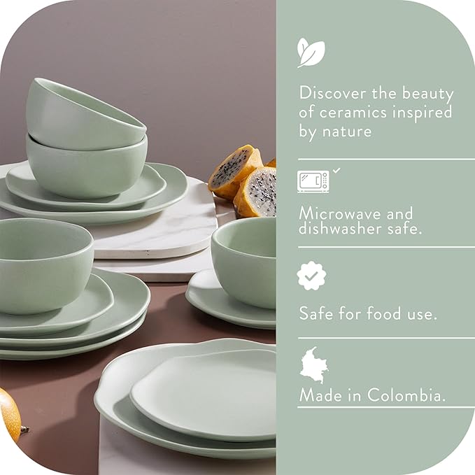 Corona Olivo ceramic dinnerware Set 12–piece Plates and Bowls Sets for 4 organic shape light green.