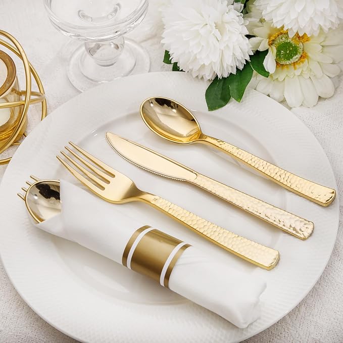 Nervure 400PCS Pre Rolled Gold Plastic Silverware Sets - Heavy Duty Hammered Gold Cutlery Include 100 Pack Wrapped Disposable Utensils with Napkins for Parties Dinners &amp Weddings