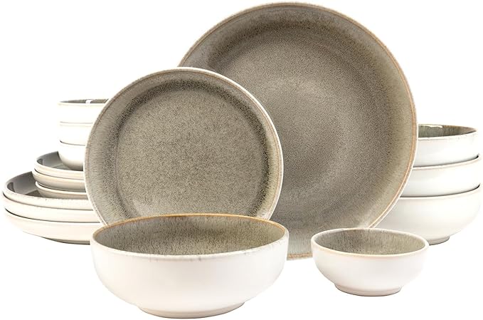 Sango Resona Moss 24-Piece Green Dinnerware Set – Service for 4 Plate Mug &amp Bowl Set Durable Stoneware with Reactive Glaze Finish for Everyday Dining &amp Entertainment Microwave &amp Dishw