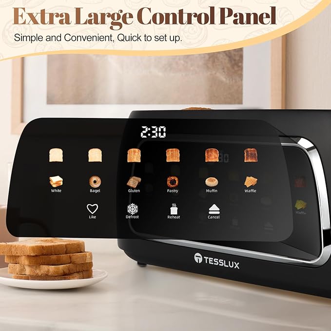 4 Slice Toaster with Touch Screen Control 1.5 Wide Long Slots 6 Browning Levels &amp 6 Bread Types Digital Timer Memory Defrost Reheat (BLACK)